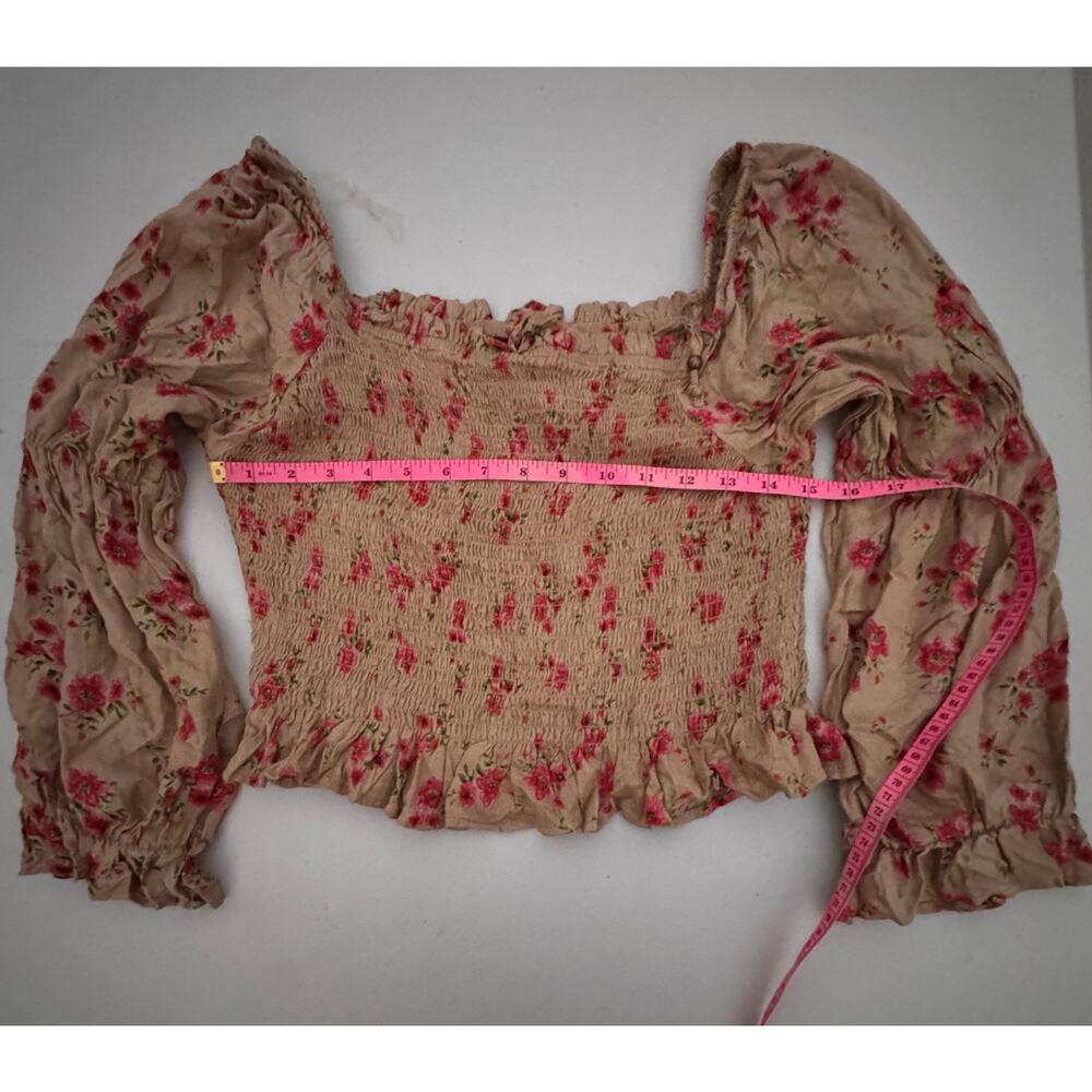 Angie Boho Floral Smocked Crop Top Cottagecore Balloon Sleeve Large - Picture 5 of 5